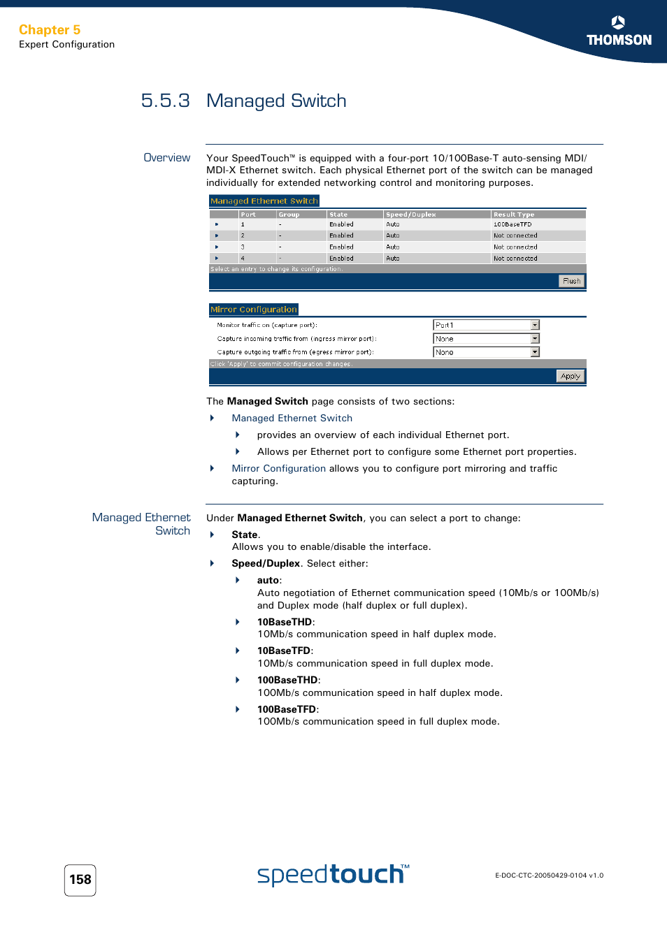 3 managed switch, Overview, Managed ethernet switch | Managed switch, Chapter 5 | Technicolor - Thomson 605 User Manual | Page 168 / 212