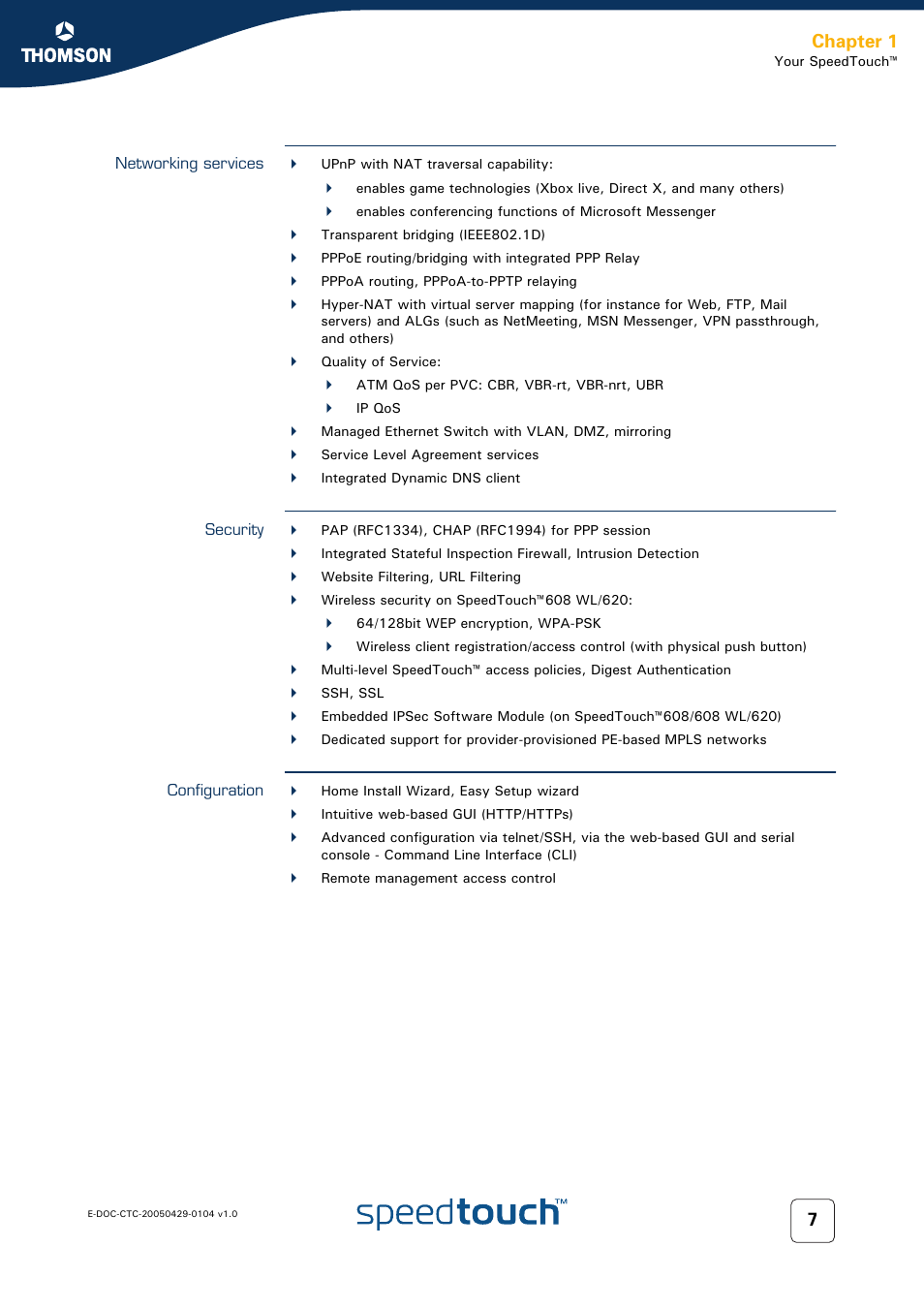 Networking services, Security, Configuration | Chapter 1 | Technicolor - Thomson 605 User Manual | Page 17 / 212