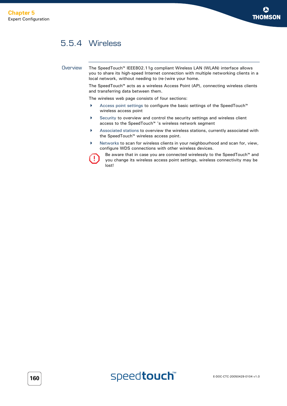 4 wireless, Overview, Wireless | Chapter 5 | Technicolor - Thomson 605 User Manual | Page 170 / 212