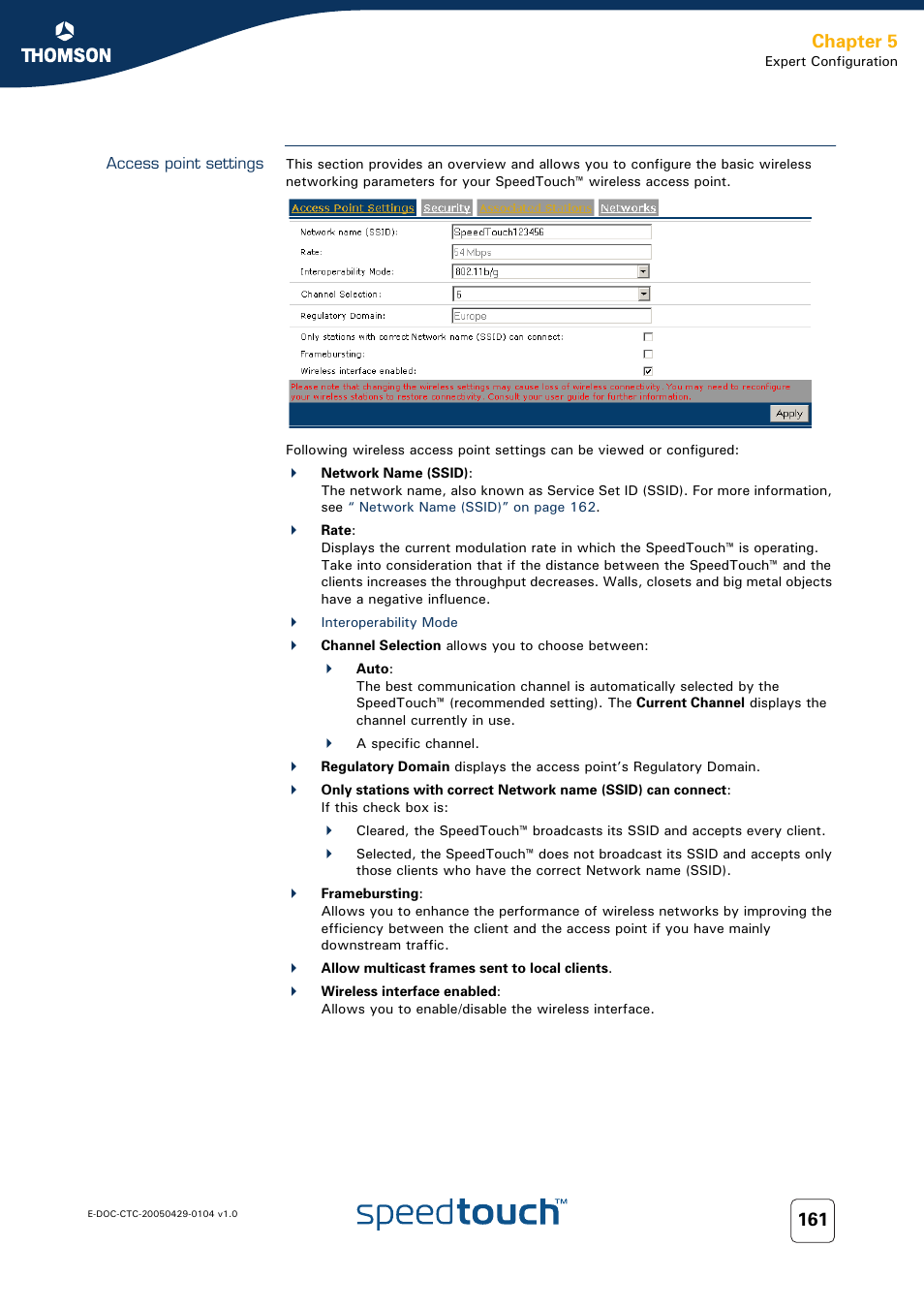 Access point settings, Chapter 5 | Technicolor - Thomson 605 User Manual | Page 171 / 212