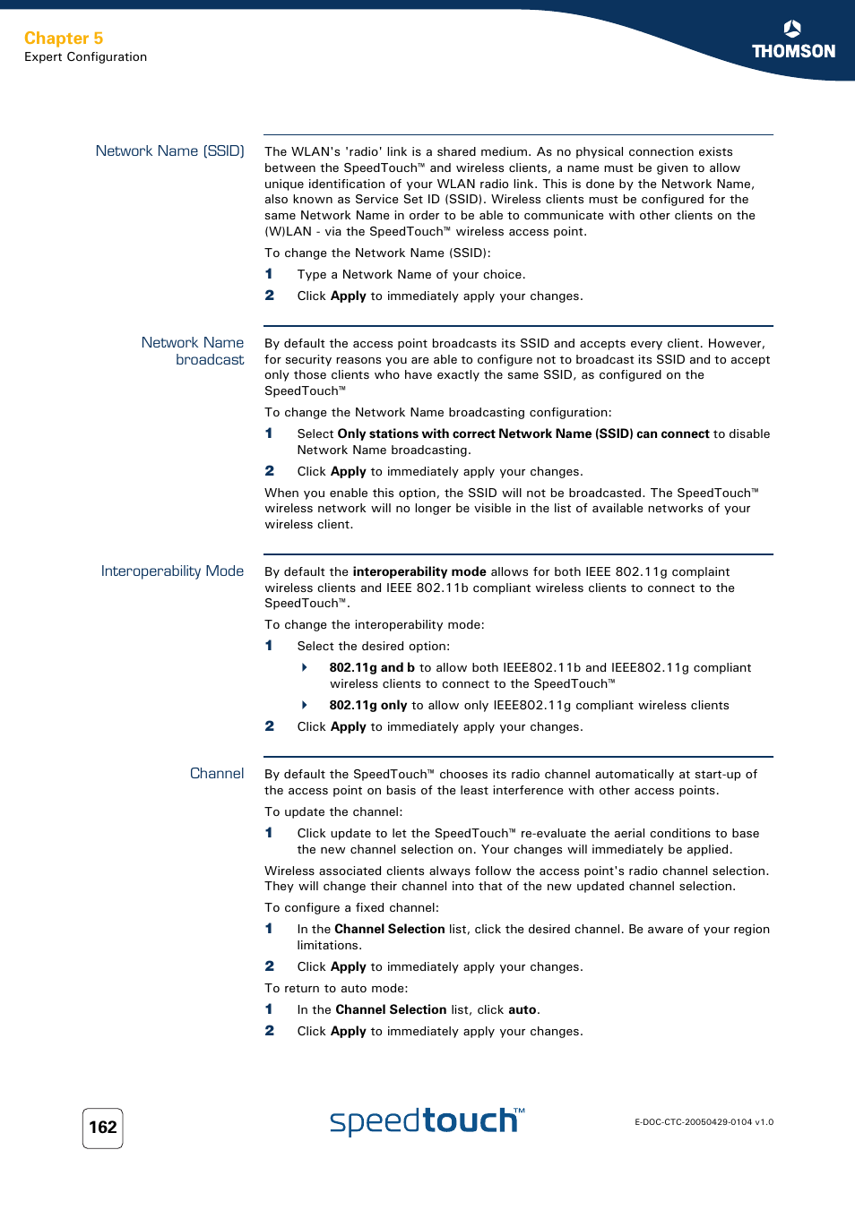 Network name (ssid), Network name broadcast, Interoperability mode | Channel, Chapter 5 | Technicolor - Thomson 605 User Manual | Page 172 / 212