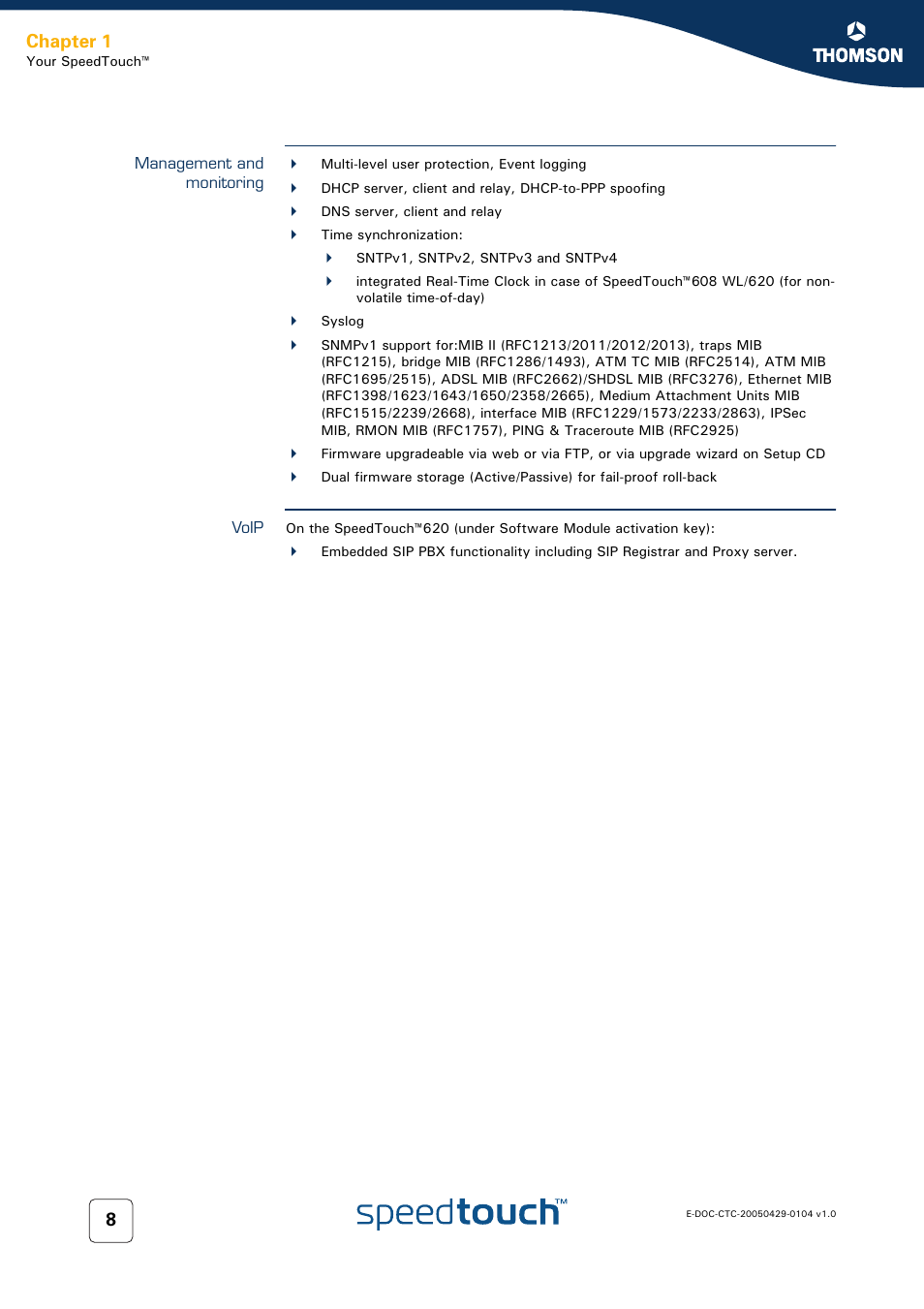 Management and monitoring, Voip, Chapter 1 | Technicolor - Thomson 605 User Manual | Page 18 / 212