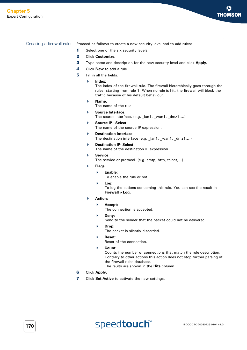 Creating a firewall rule, Chapter 5 | Technicolor - Thomson 605 User Manual | Page 180 / 212