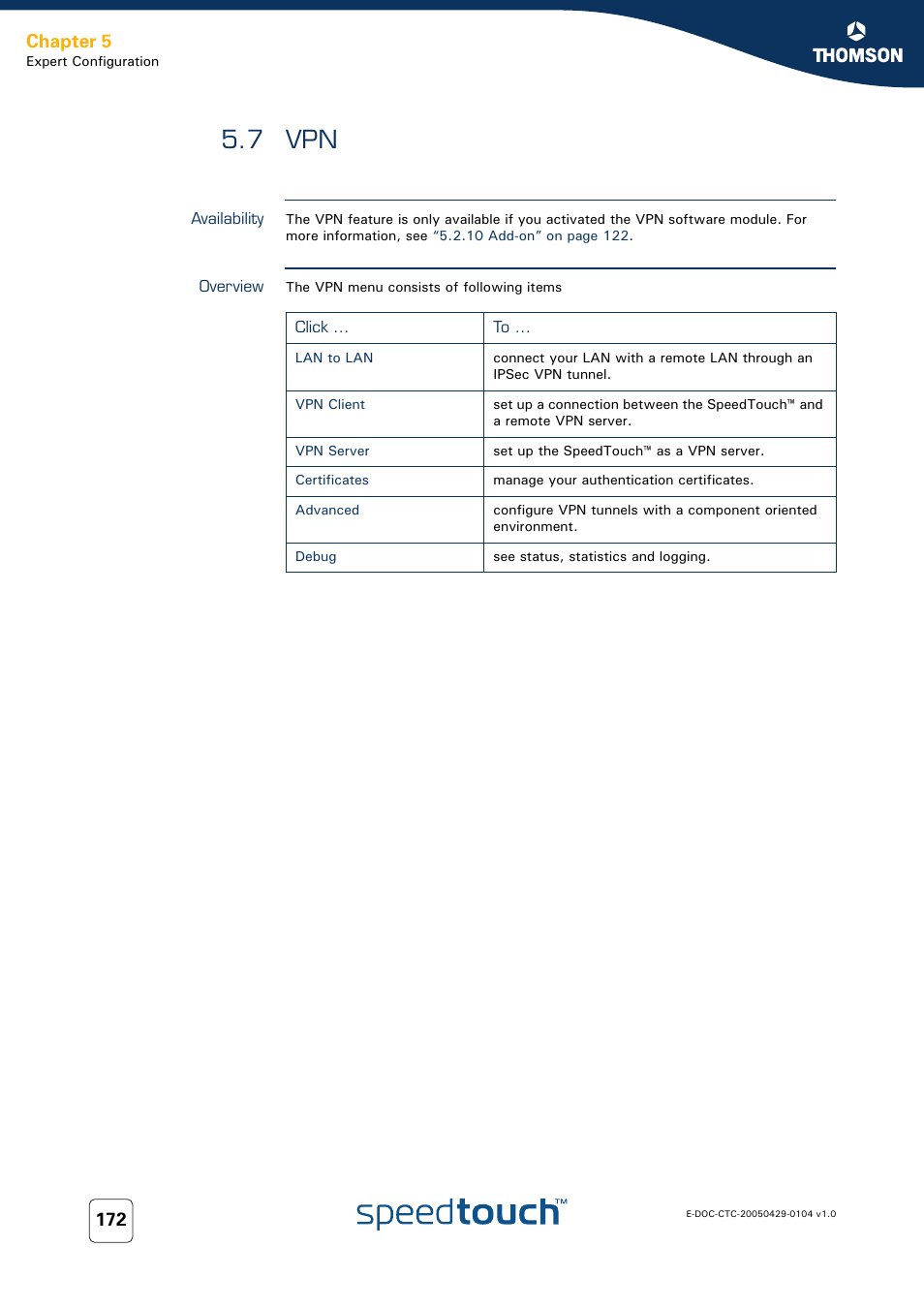 7 vpn, Availability, Overview | Chapter 5 | Technicolor - Thomson 605 User Manual | Page 182 / 212