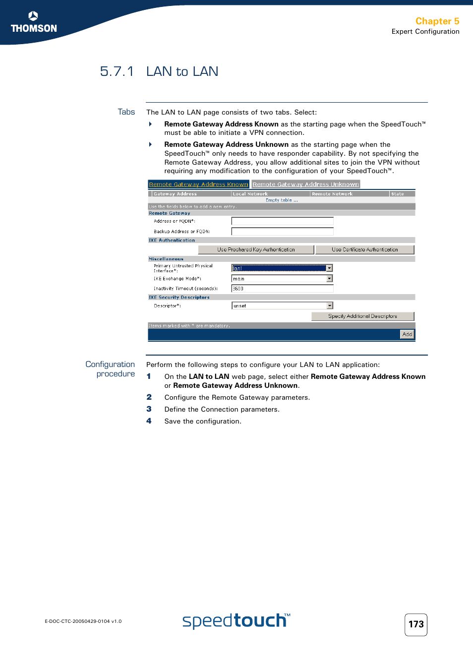 1 lan to lan, Tabs, Configuration procedure | Lan to lan, Chapter 5 | Technicolor - Thomson 605 User Manual | Page 183 / 212