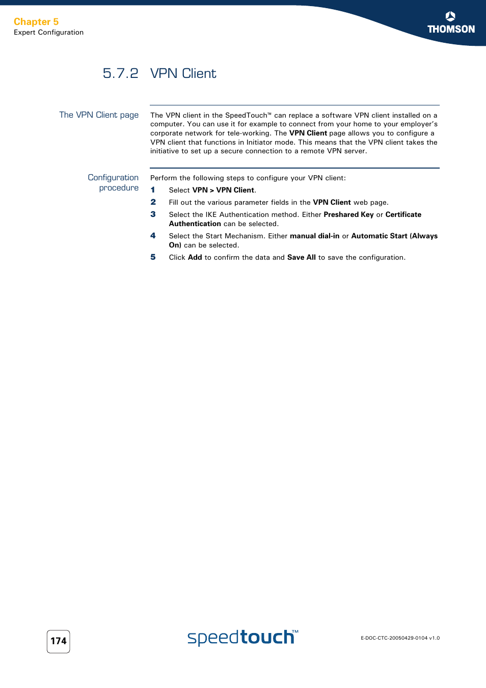 2 vpn client, Configuration procedure, Vpn client | Chapter 5 | Technicolor - Thomson 605 User Manual | Page 184 / 212