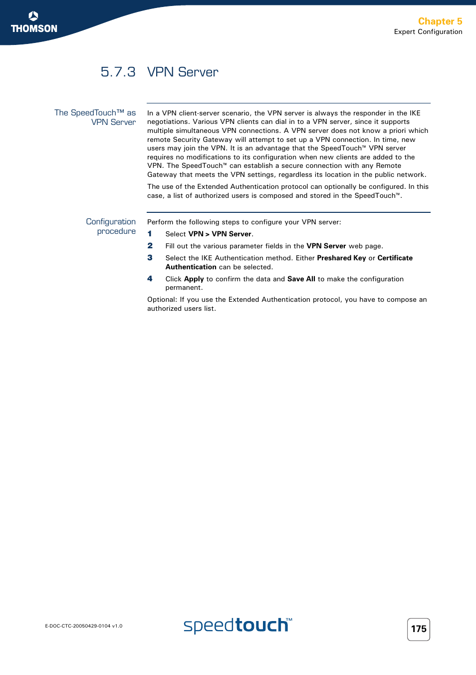 3 vpn server, The speedtouch™ as vpn server, Configuration procedure | Vpn server, Chapter 5 | Technicolor - Thomson 605 User Manual | Page 185 / 212