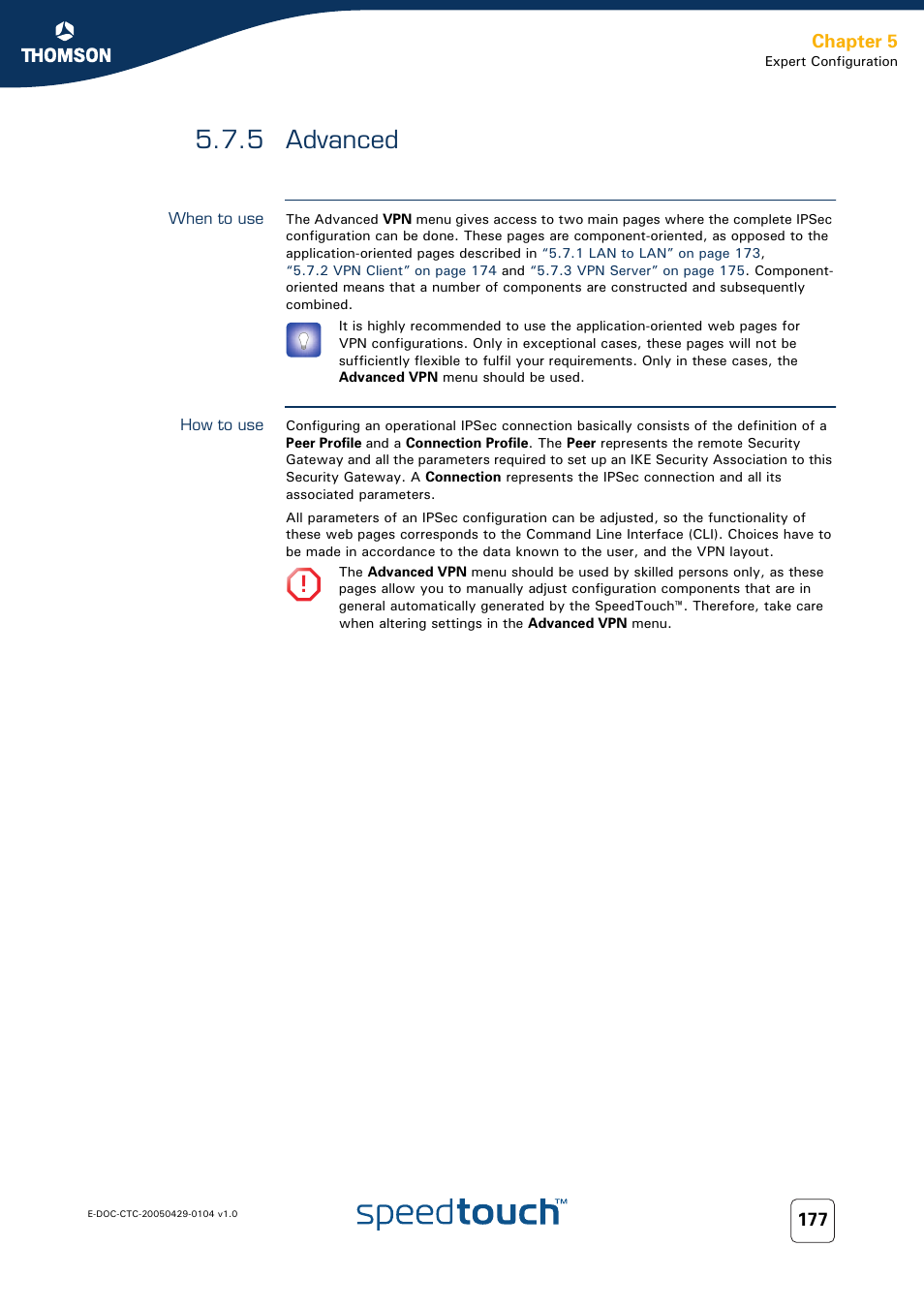 5 advanced, When to use, How to use | Advanced, Chapter 5 | Technicolor - Thomson 605 User Manual | Page 187 / 212