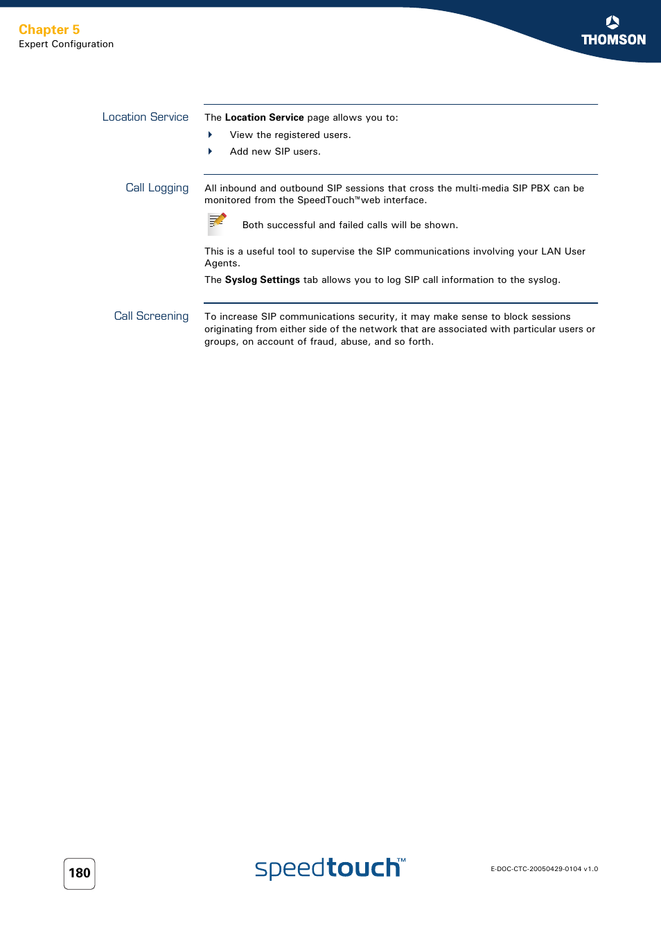 Location service, Call logging, Call screening | Chapter 5 | Technicolor - Thomson 605 User Manual | Page 190 / 212