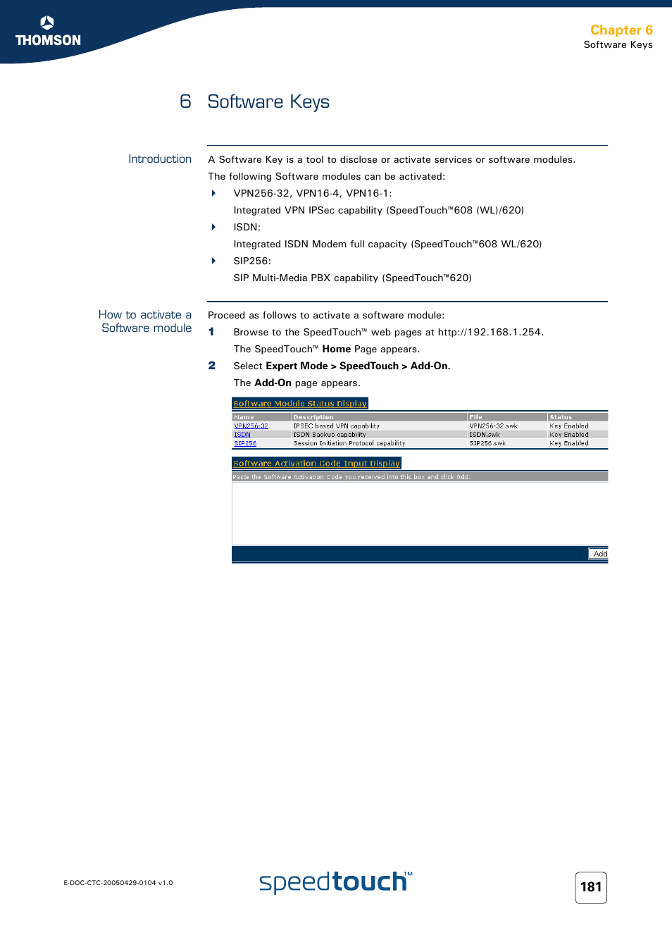 6 software keys, Introduction, How to activate a software module | Software keys, Chapter 6 | Technicolor - Thomson 605 User Manual | Page 191 / 212