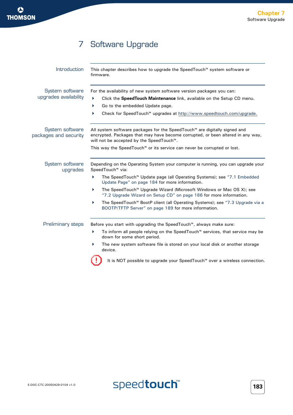 7 software upgrade, Introduction, System software upgrades availability | System software packages and security, System software upgrades, Preliminary steps, Software upgrade, Chapter 7 | Technicolor - Thomson 605 User Manual | Page 193 / 212