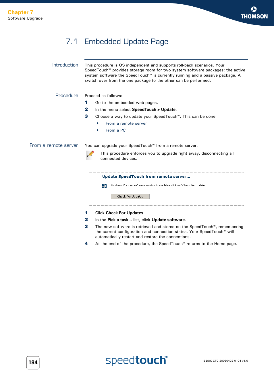 Introduction, Procedure, From a remote server | 1 embedded, 1 embedded update page, Chapter 7 | Technicolor - Thomson 605 User Manual | Page 194 / 212