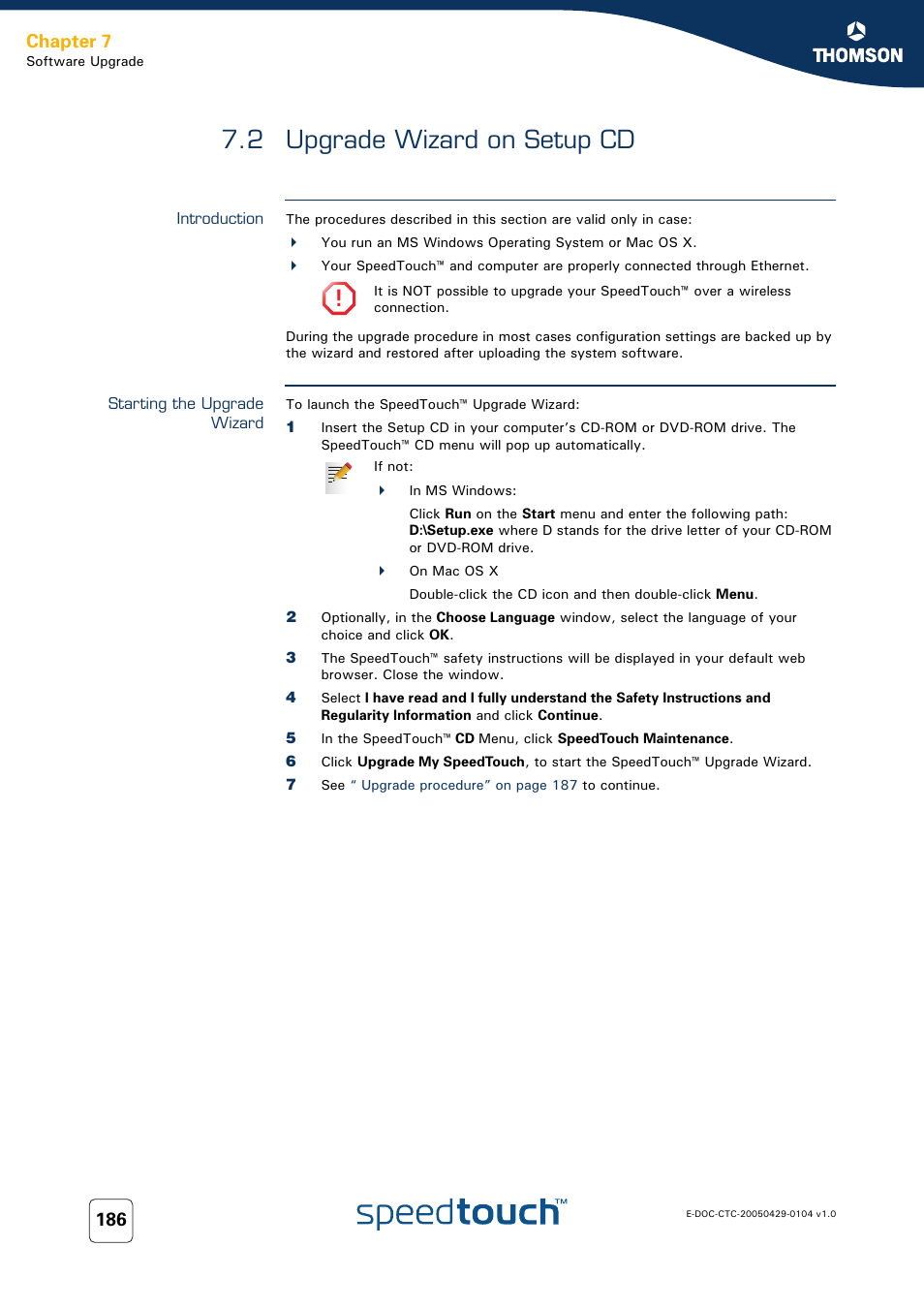 2 upgrade wizard on setup cd, Introduction, Starting the upgrade wizard | Upgrade wizard on setup cd, Chapter 7 | Technicolor - Thomson 605 User Manual | Page 196 / 212