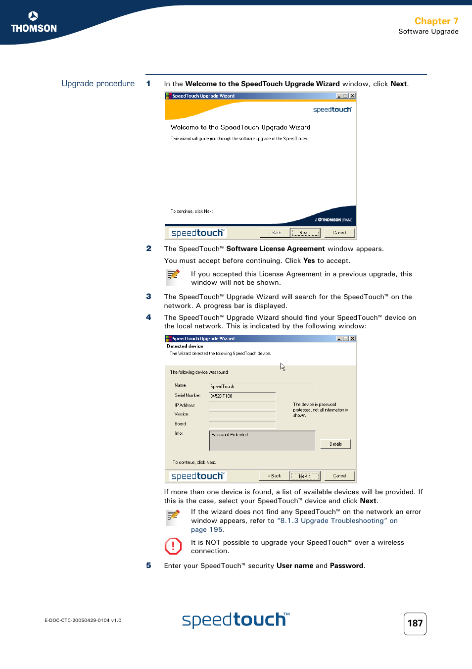 Upgrade procedure, Chapter 7 | Technicolor - Thomson 605 User Manual | Page 197 / 212