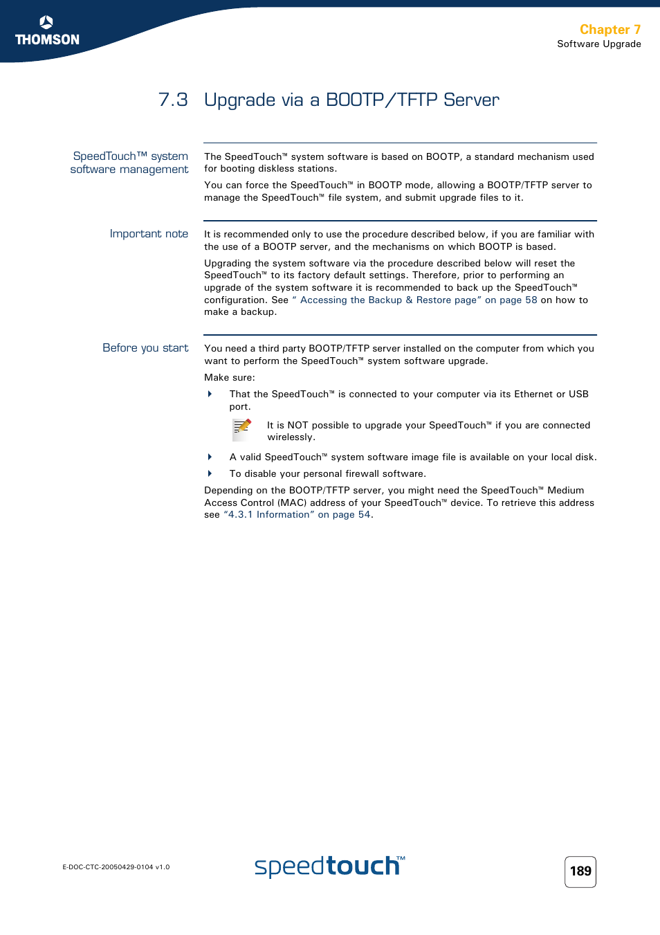 3 upgrade via a bootp/tftp server, Speedtouch™ system software management, Important note | Before you start, Upgrade via a bootp/tftp server, 3 upgrade via a, Chapter 7 | Technicolor - Thomson 605 User Manual | Page 199 / 212