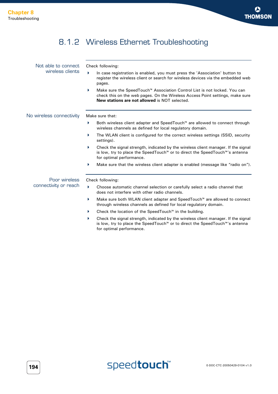 2 wireless ethernet troubleshooting, Not able to connect wireless clients, No wireless connectivity | Poor wireless connectivity or reach, Wireless ethernet troubleshooting, Chapter 8 | Technicolor - Thomson 605 User Manual | Page 204 / 212