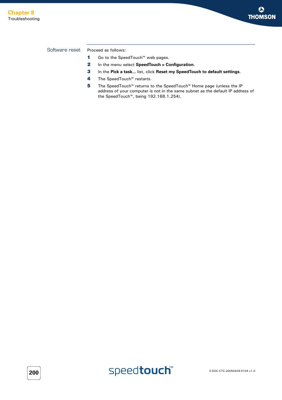 Software reset, Chapter 8 | Technicolor - Thomson 605 User Manual | Page 210 / 212