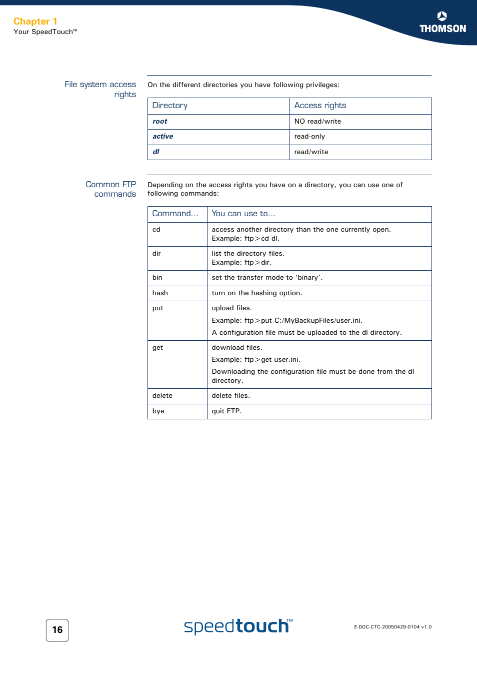 File system access rights, Common ftp commands, Chapter 1 | Technicolor - Thomson 605 User Manual | Page 26 / 212