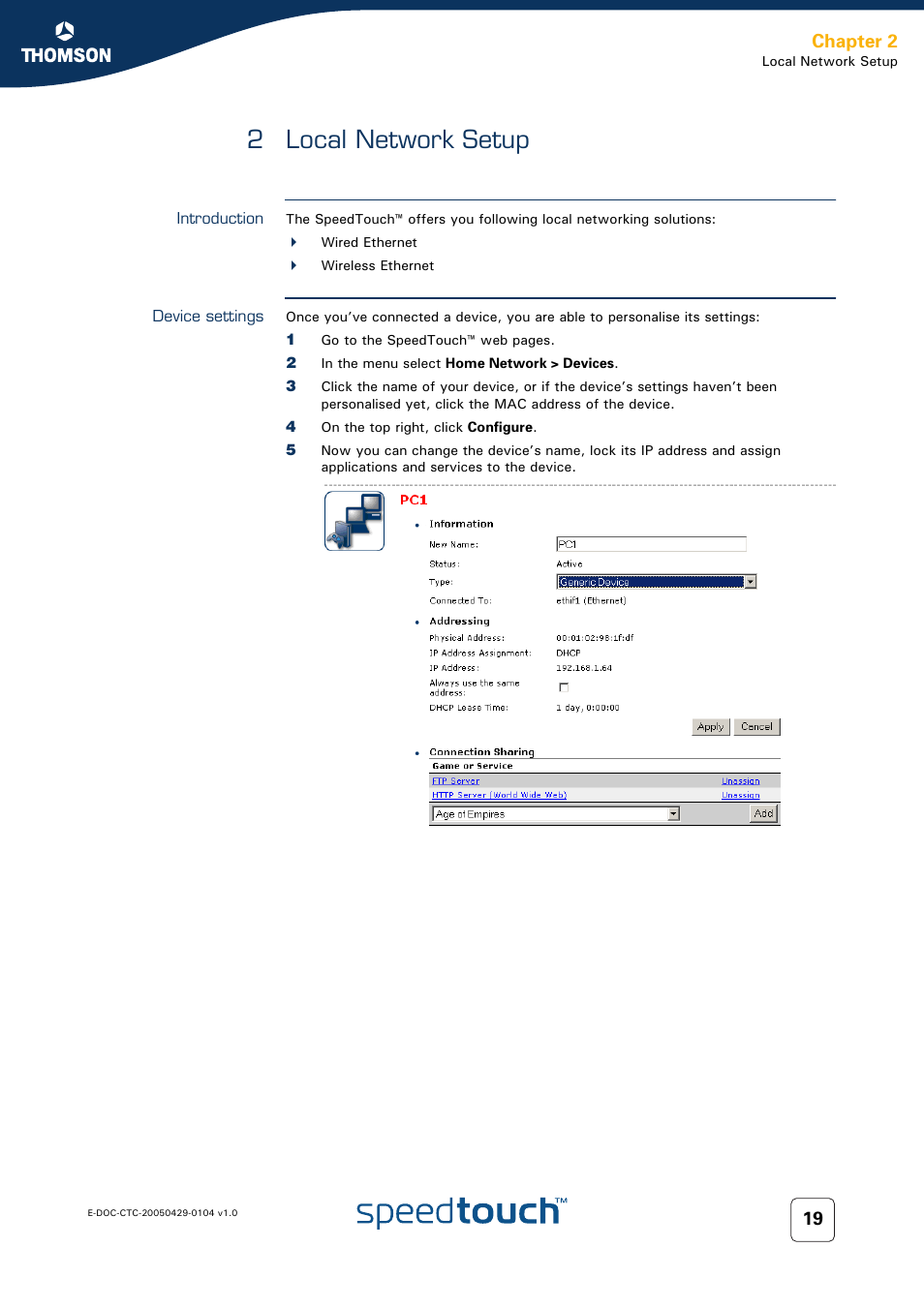 2 local network setup, Introduction, Device settings | Local network setup, Chapter 2 | Technicolor - Thomson 605 User Manual | Page 29 / 212