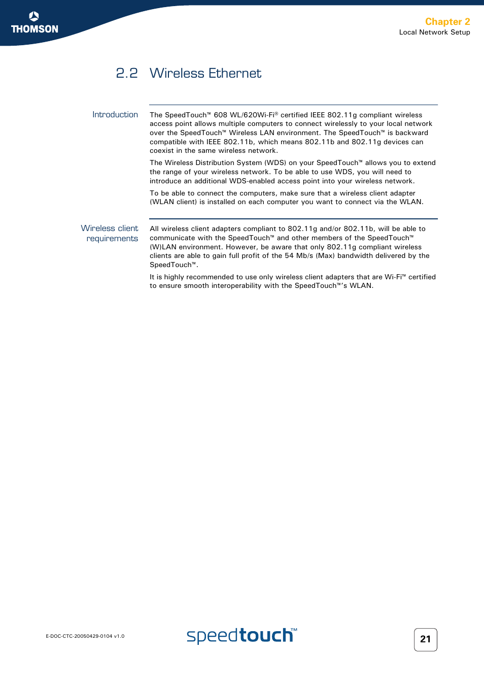 2 wireless ethernet, Introduction, Wireless client requirements | Wireless ethernet | Technicolor - Thomson 605 User Manual | Page 31 / 212