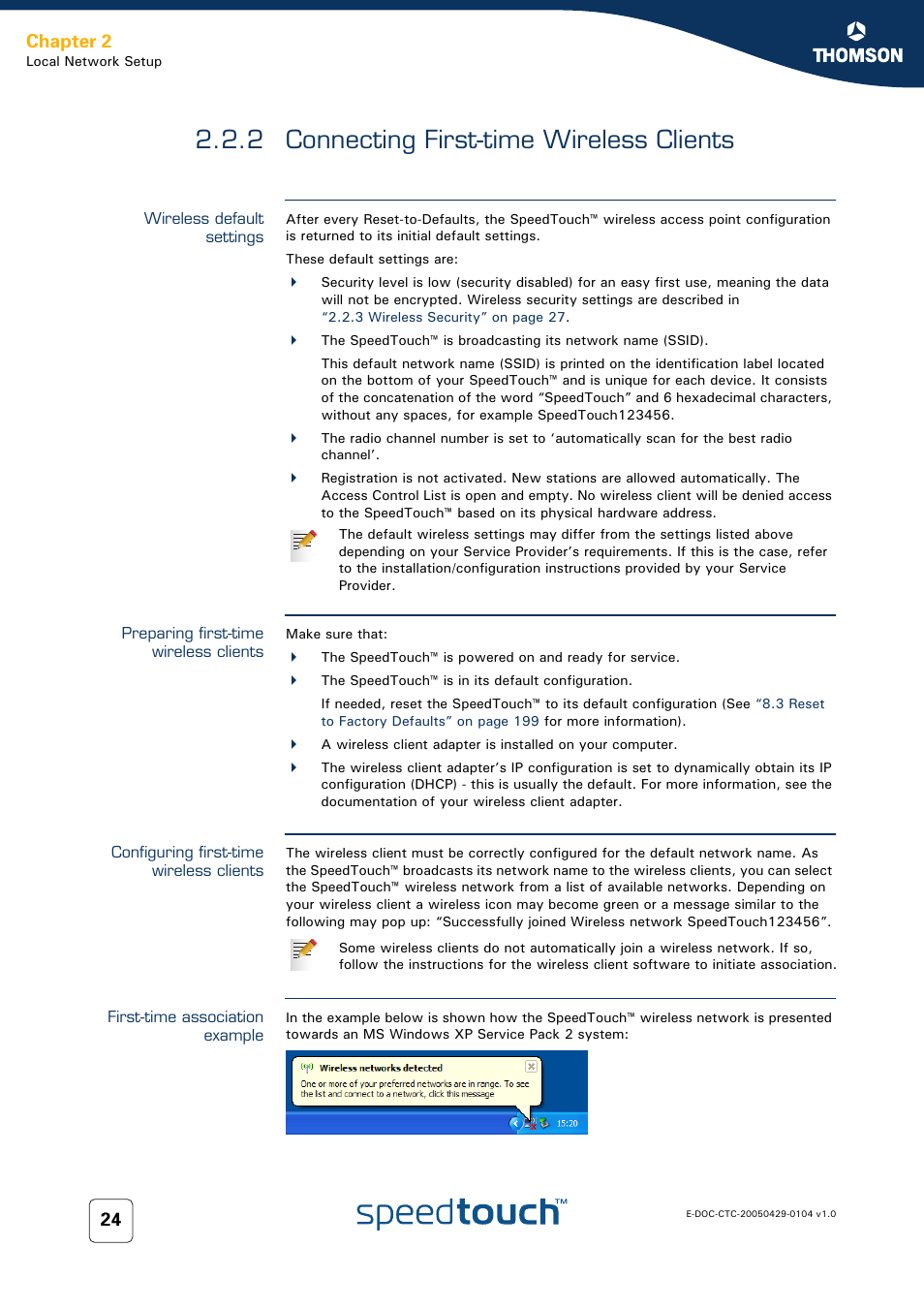 2 connecting first-time wireless clients, Wireless default settings, Preparing first-time wireless clients | Configuring first-time wireless clients, First-time association example, Connecting first-time wireless clients, Chapter 2 | Technicolor - Thomson 605 User Manual | Page 34 / 212