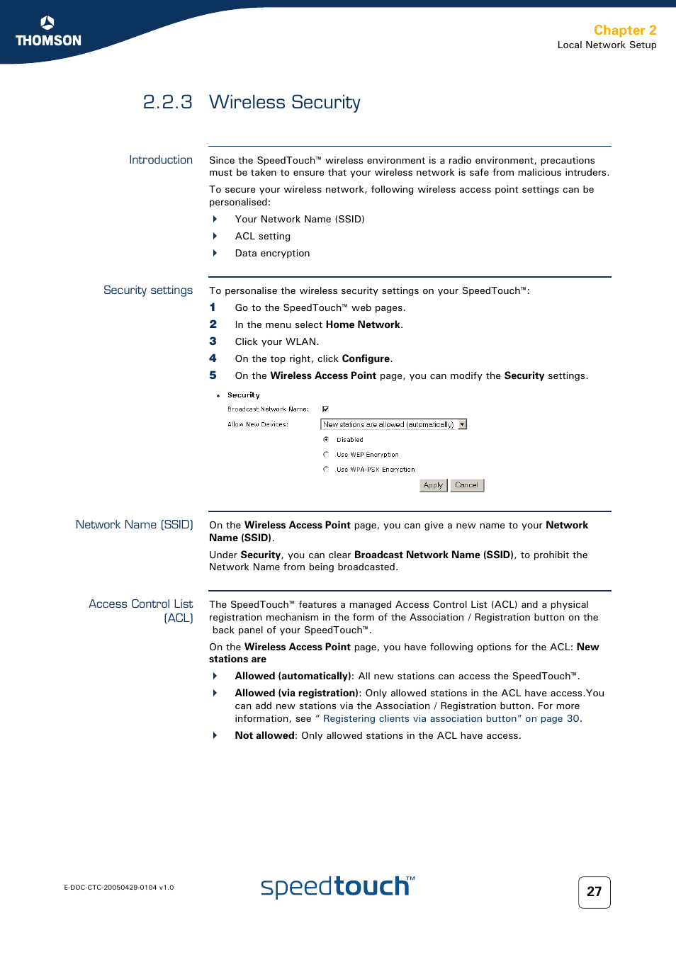 3 wireless security, Introduction, Security settings | Network name (ssid), Access control list (acl), Wireless security, Chapter 2 | Technicolor - Thomson 605 User Manual | Page 37 / 212