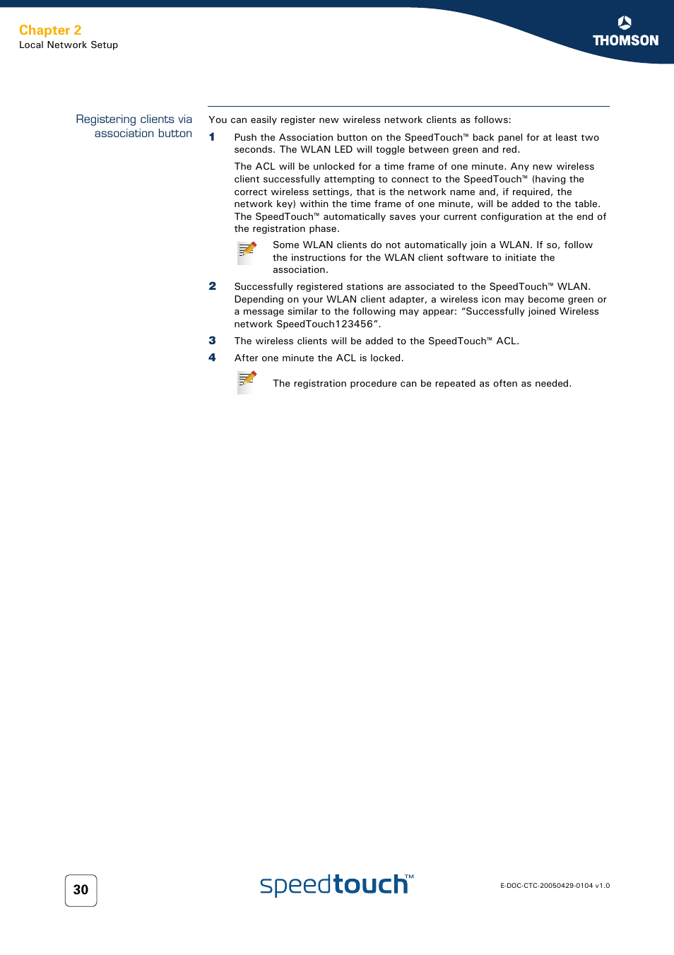 Registering clients via association button, Registering clients via, Chapter 2 | Technicolor - Thomson 605 User Manual | Page 40 / 212