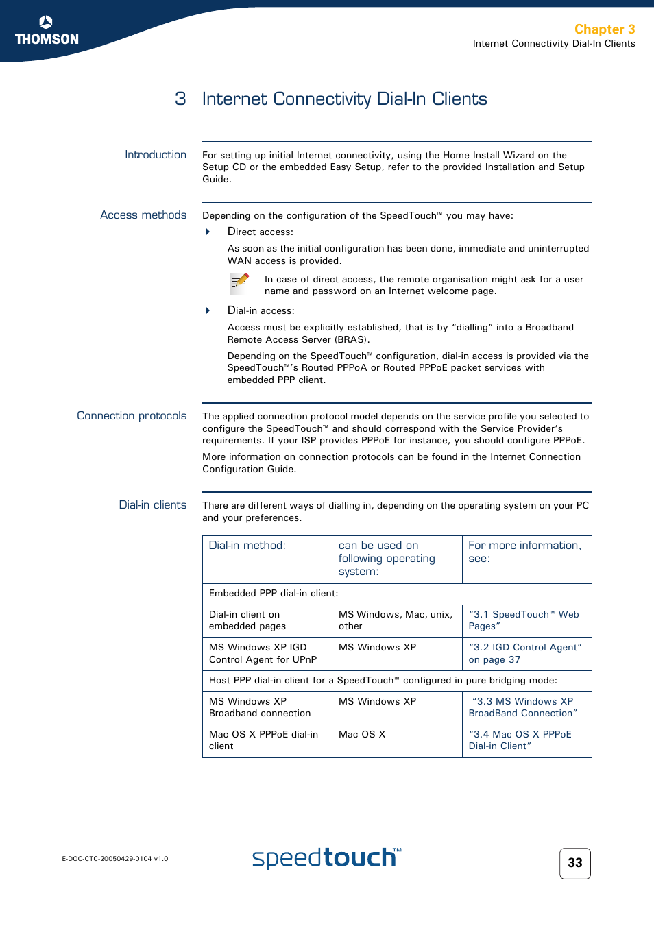 3 internet connectivity dial-in clients, Introduction, Access methods | Connection protocols, Dial-in clients, Internet connectivity dial-in clients, Chapter 3 | Technicolor - Thomson 605 User Manual | Page 43 / 212