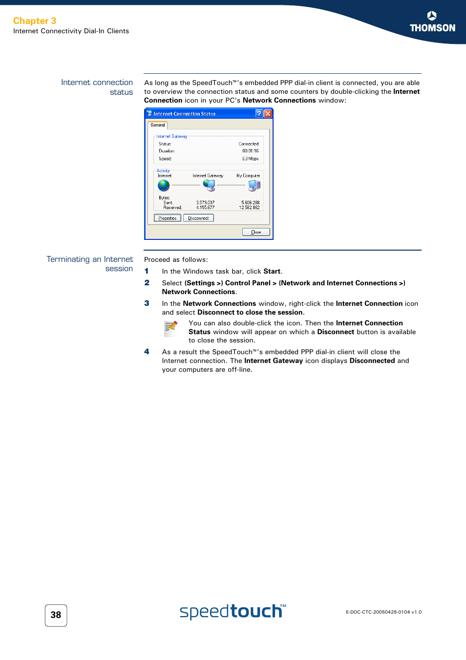 Internet connection status, Terminating an internet session, Chapter 3 | Technicolor - Thomson 605 User Manual | Page 48 / 212