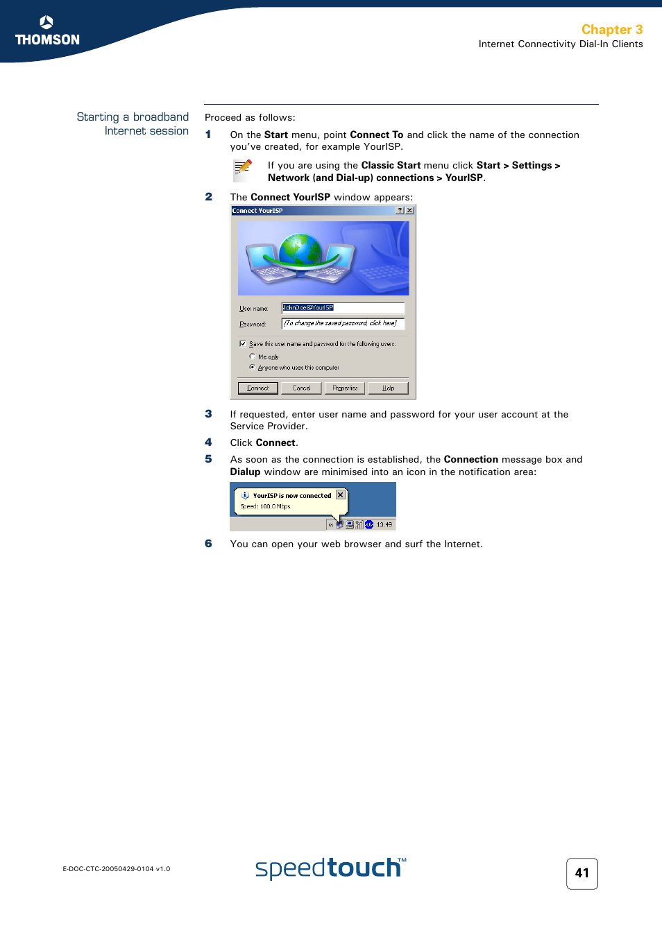 Starting a broadband internet session, Chapter 3 | Technicolor - Thomson 605 User Manual | Page 51 / 212