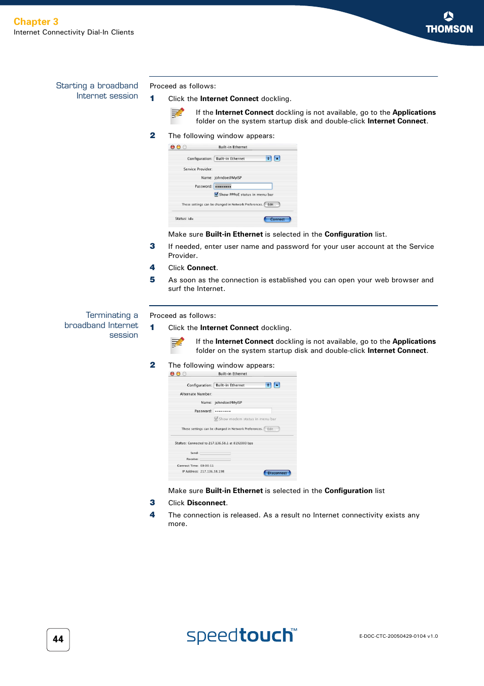 Starting a broadband internet session, Terminating a broadband internet session, Chapter 3 | Technicolor - Thomson 605 User Manual | Page 54 / 212