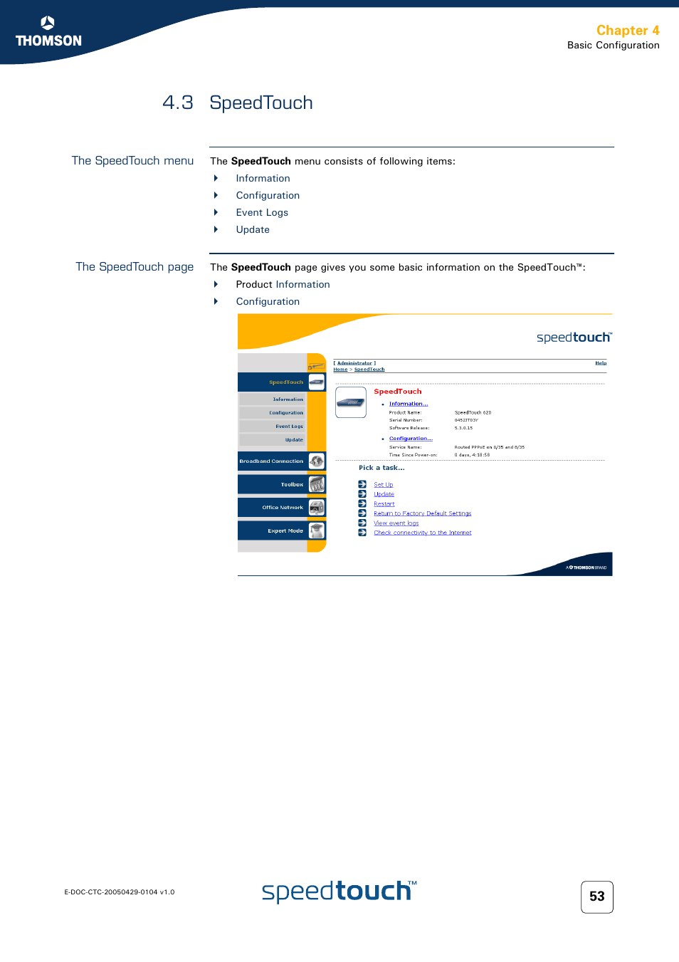 3 speedtouch, The speedtouch menu, Speedtouch | Chapter 4 | Technicolor - Thomson 605 User Manual | Page 63 / 212