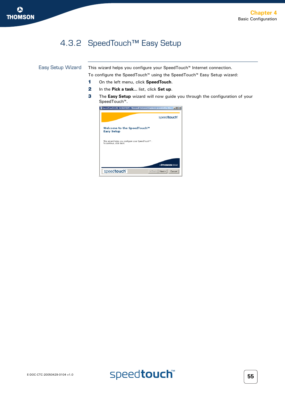 2 speedtouch™ easy setup, Easy setup wizard, Speedtouch™ easy setup | Chapter 4 | Technicolor - Thomson 605 User Manual | Page 65 / 212