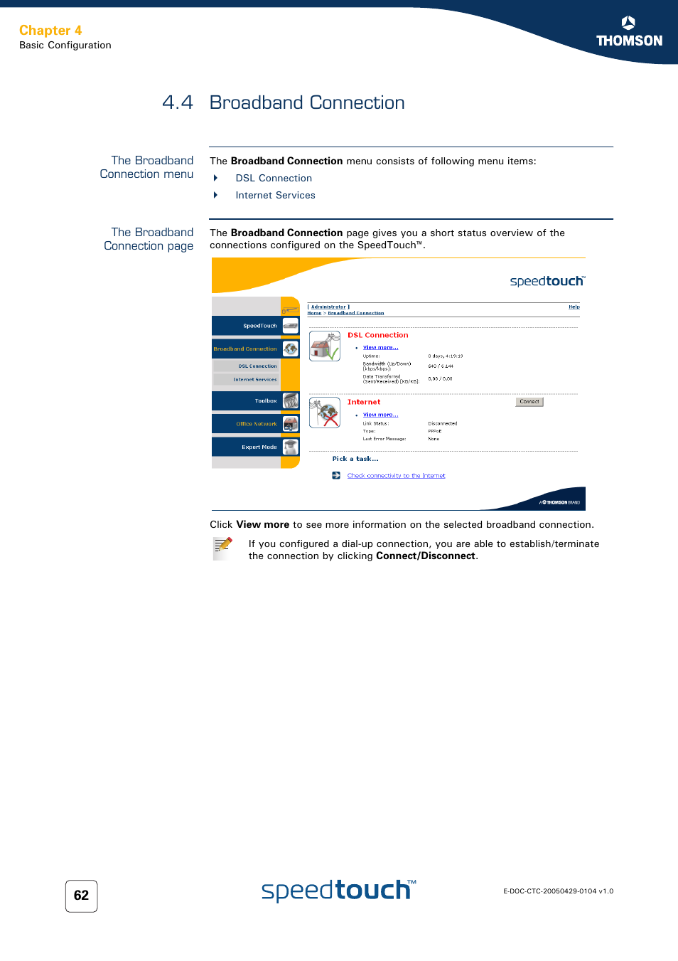 4 broadband connection, The broadband connection menu, Broadband connection | Chapter 4 | Technicolor - Thomson 605 User Manual | Page 72 / 212