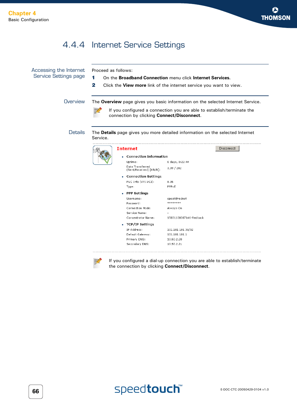 4 internet service settings, Overview, Details | Internet service settings, Chapter 4 | Technicolor - Thomson 605 User Manual | Page 76 / 212