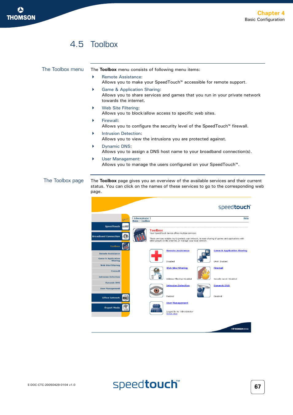 5 toolbox, The toolbox menu, Toolbox | Chapter 4 | Technicolor - Thomson 605 User Manual | Page 77 / 212