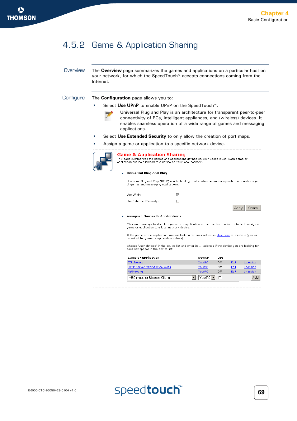 2 game & application sharing, Overview, Configure | Game & application sharing, Chapter 4 | Technicolor - Thomson 605 User Manual | Page 79 / 212