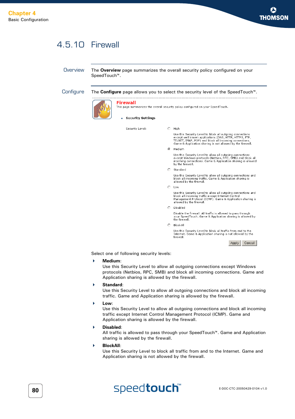 10 firewall, Overview, Configure | Firewall, Chapter 4 | Technicolor - Thomson 605 User Manual | Page 90 / 212