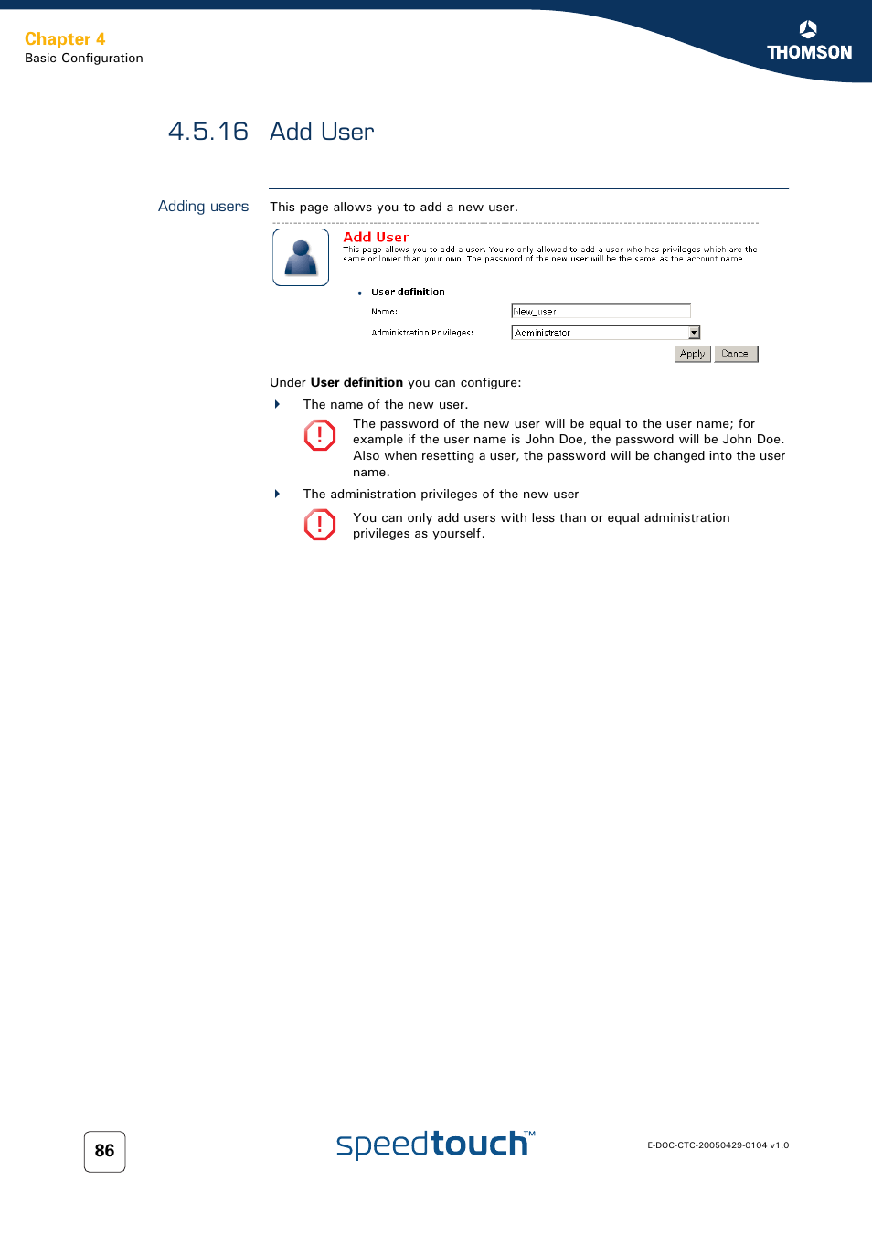 16 add user, Adding users, Add user | Technicolor - Thomson 605 User Manual | Page 96 / 212