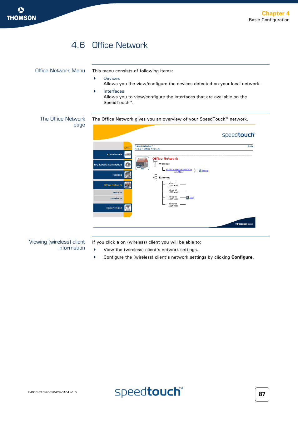 6 office network, Office network menu, Viewing (wireless) client information | Office network, Chapter 4 | Technicolor - Thomson 605 User Manual | Page 97 / 212