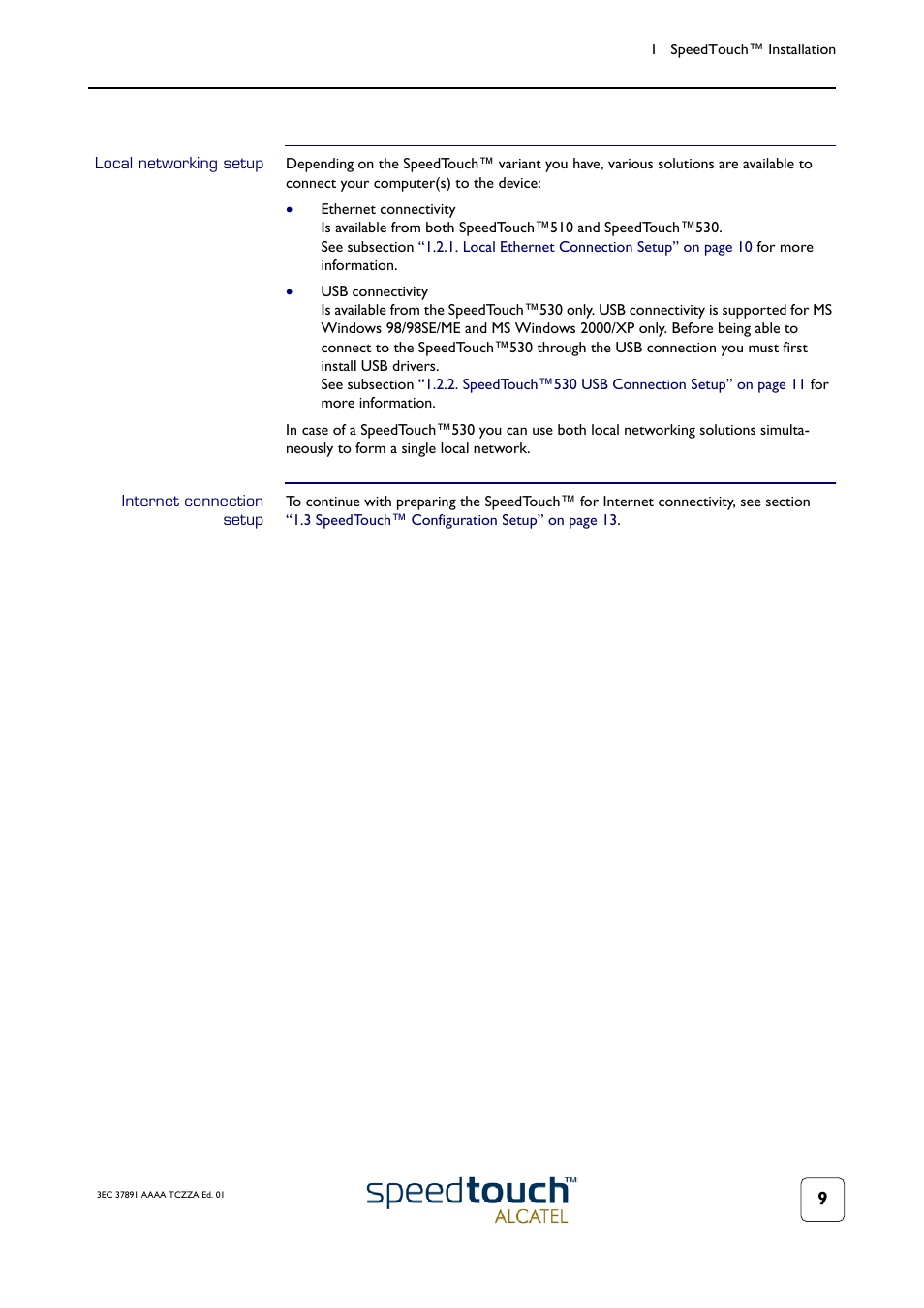 Local networking setup, Internet connection setup | Technicolor - Thomson SpeedTouch 510 User Manual | Page 13 / 50