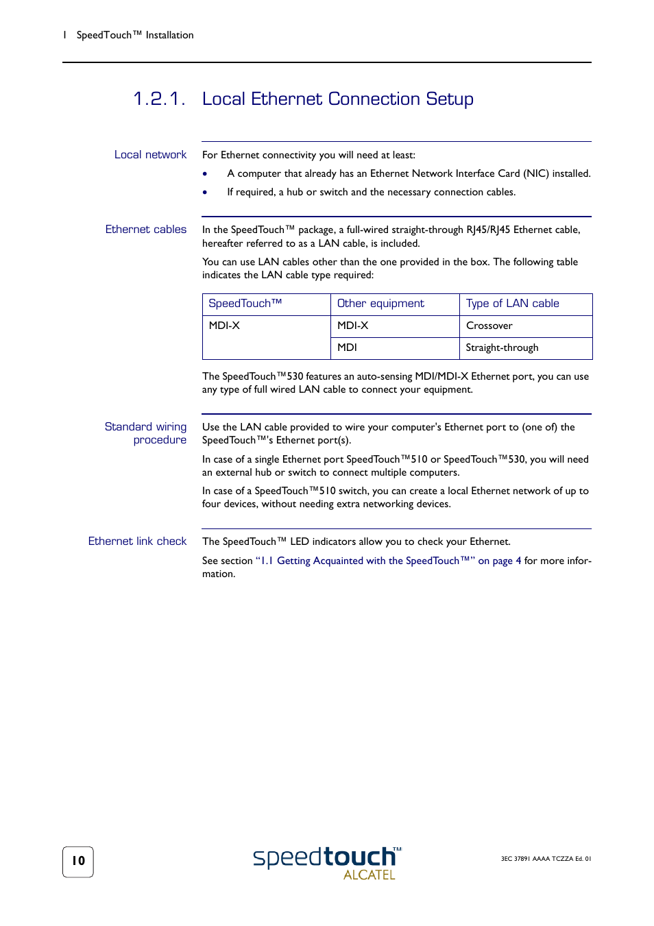 Local ethernet connection setup, Local network, Ethernet cables | Standard wiring procedure, Ethernet link check, See subsection | Technicolor - Thomson SpeedTouch 510 User Manual | Page 14 / 50