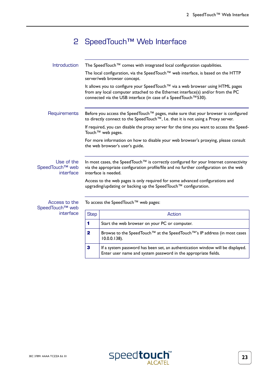 2 speedtouch™ web interface, Introduction, Requirements | Use of the speedtouch™ web interface, Access to the speedtouch™ web interface, Speedtouch™ web interface | Technicolor - Thomson SpeedTouch 510 User Manual | Page 27 / 50