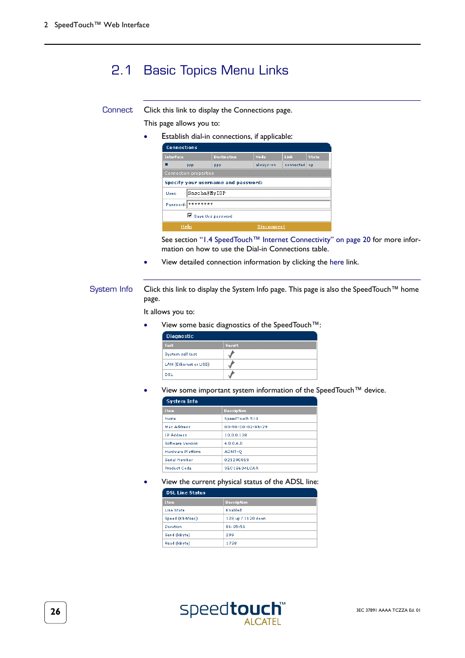 1 basic topics menu links, Connect, System info | Basic topics menu links | Technicolor - Thomson SpeedTouch 510 User Manual | Page 30 / 50