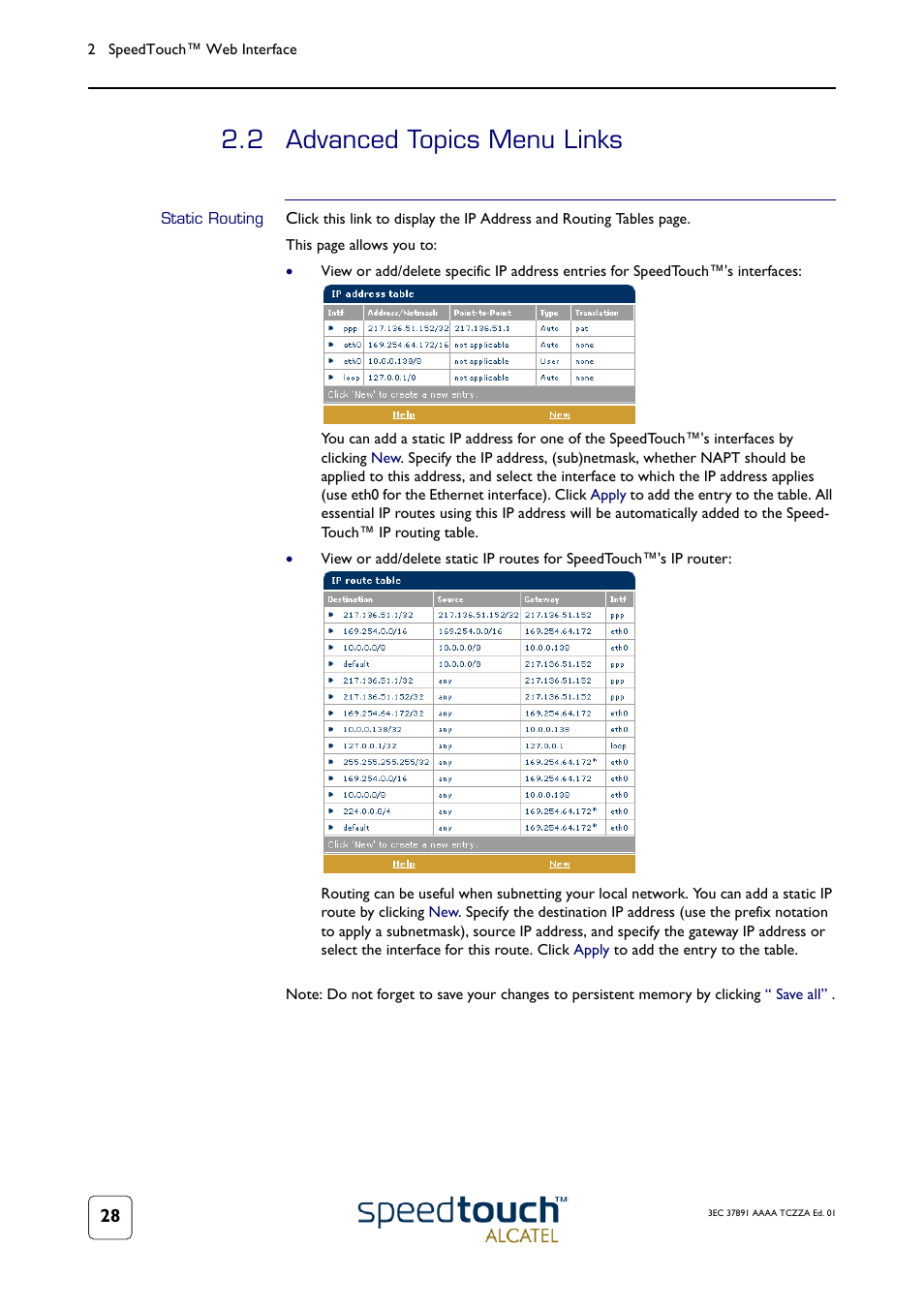 2 advanced topics menu links, Static routing, Advanced topics menu links | Technicolor - Thomson SpeedTouch 510 User Manual | Page 32 / 50