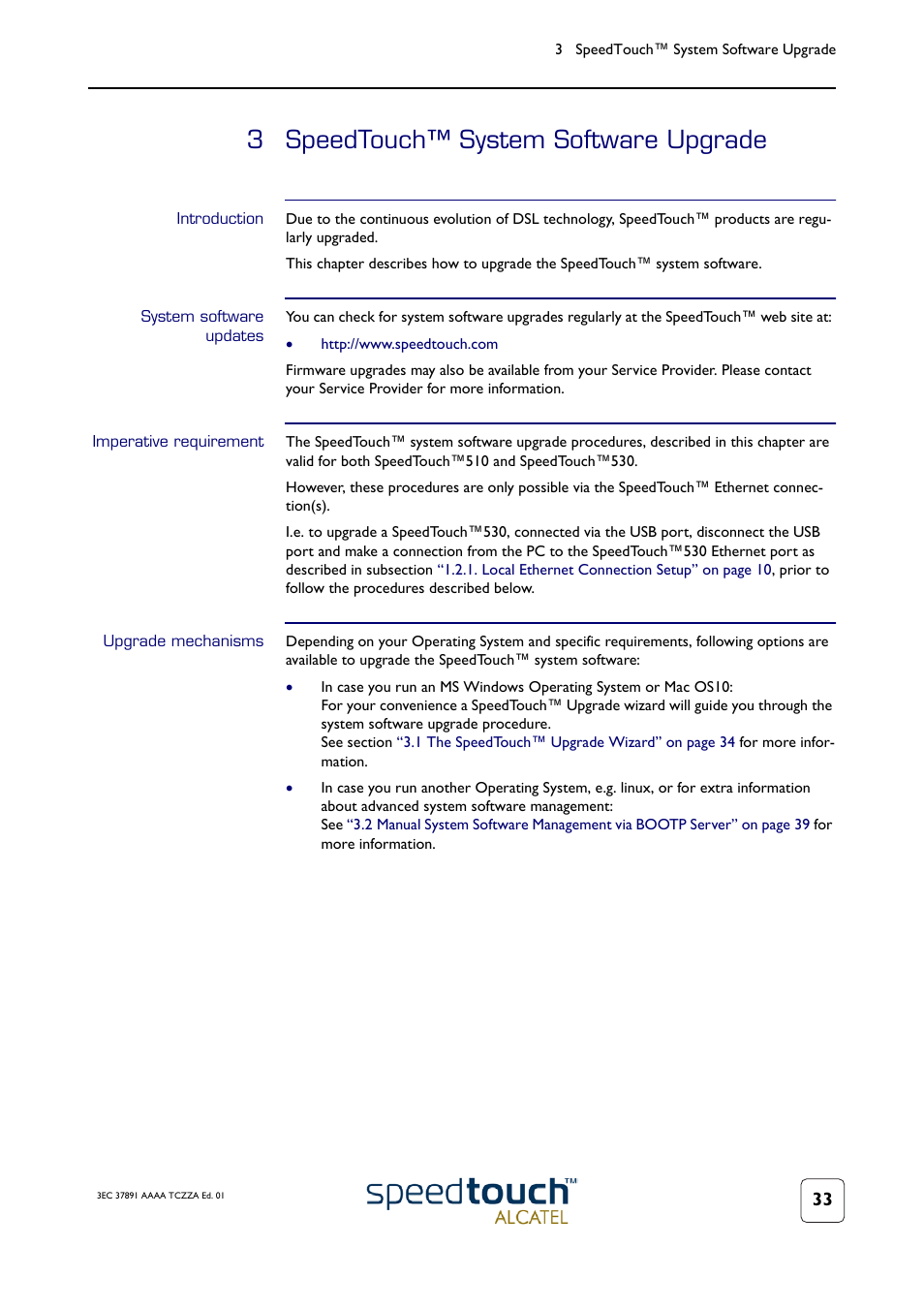 3 speedtouch™ system software upgrade, Introduction, System software updates | Imperative requirement, Upgrade mechanisms, Speedtouch™ system software upgrade | Technicolor - Thomson SpeedTouch 510 User Manual | Page 37 / 50