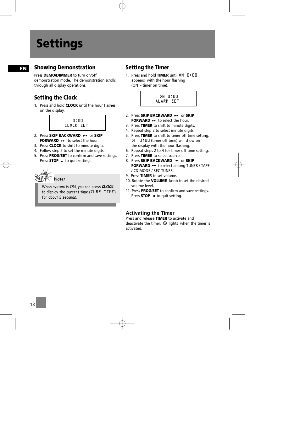 Settings, Showing demonstration, Setting the clock | Setting the timer | Technicolor - Thomson CS580 User Manual | Page 15 / 34