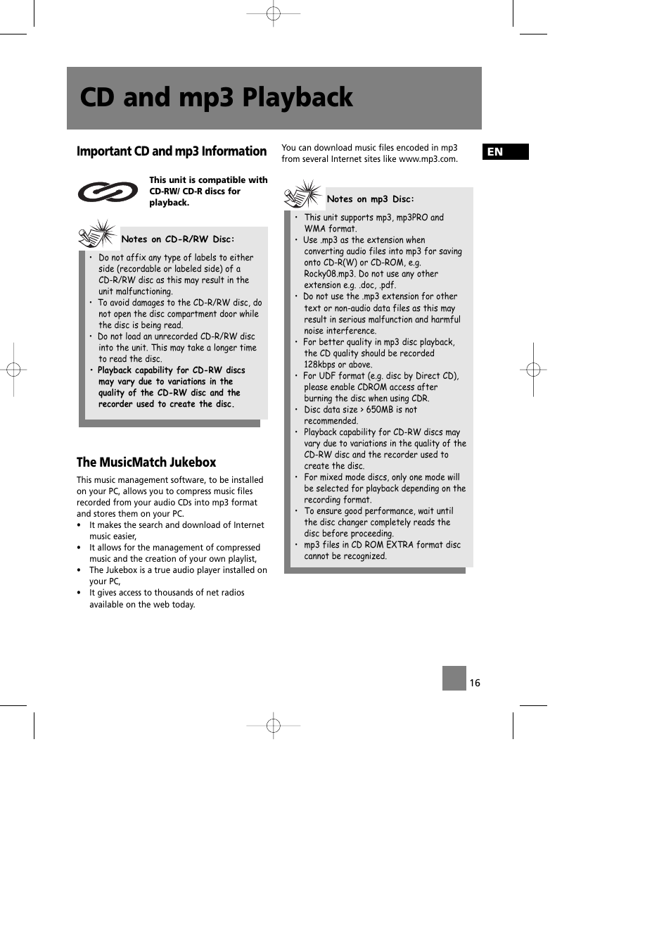 Cd and mp3 playback, Important cd and mp3 information, The musicmatch jukebox | Technicolor - Thomson CS580 User Manual | Page 18 / 34