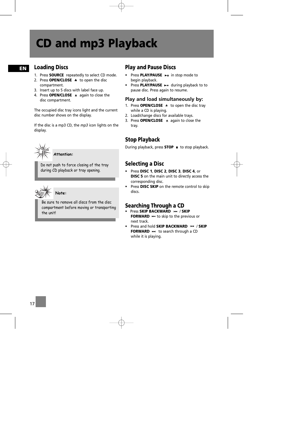 Cd and mp3 playback, Loading discs, Play and pause discs | Stop playback, Selecting a disc, Searching through a cd | Technicolor - Thomson CS580 User Manual | Page 19 / 34