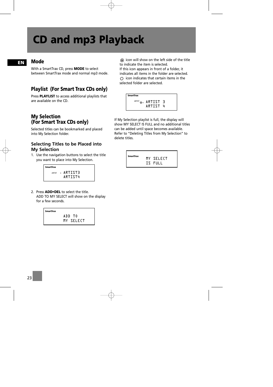 Cd and mp3 playback, Mode, Playlist (for smart trax cds only) | My selection (for smart trax cds only) | Technicolor - Thomson CS580 User Manual | Page 25 / 34